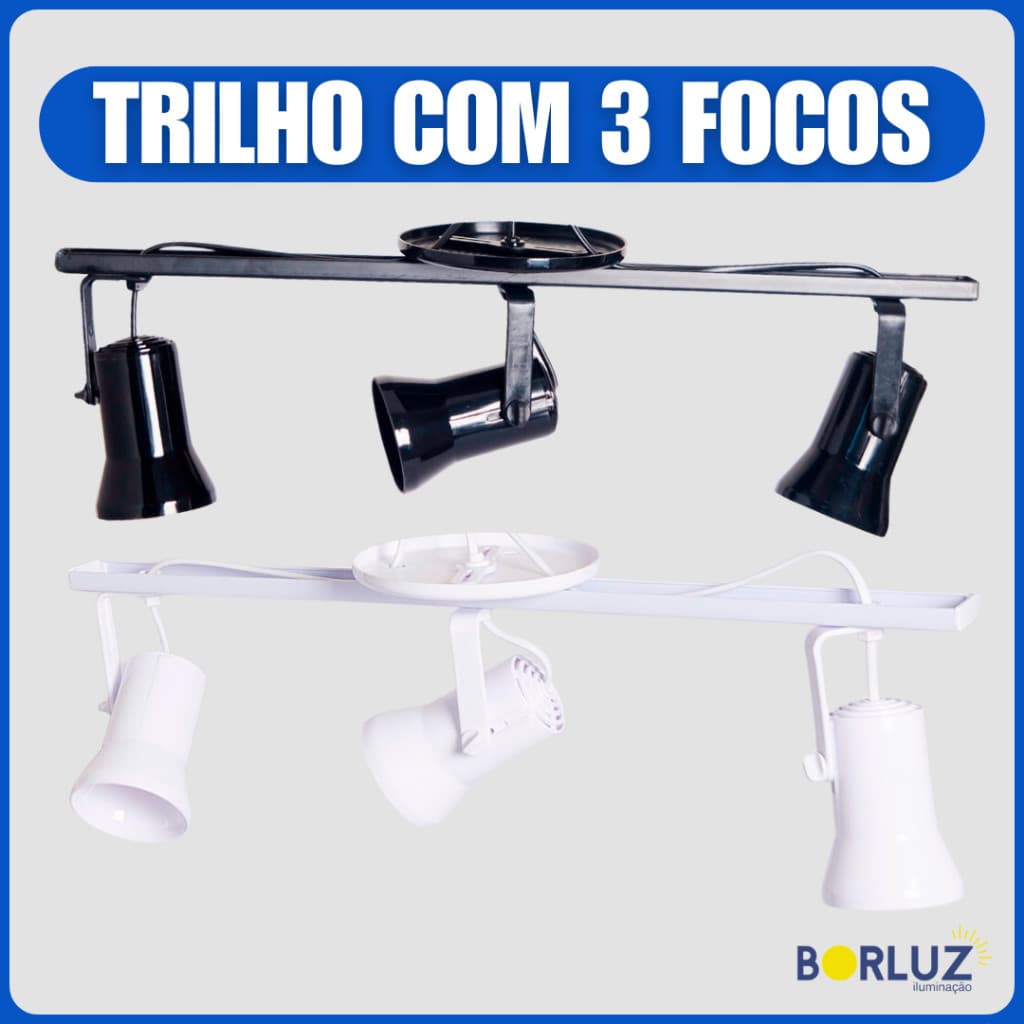 Luminária Trilho Sino Spot Com 3 Focos Ajustáveis 360° Para Lâmpadas Led Bulbo Par20