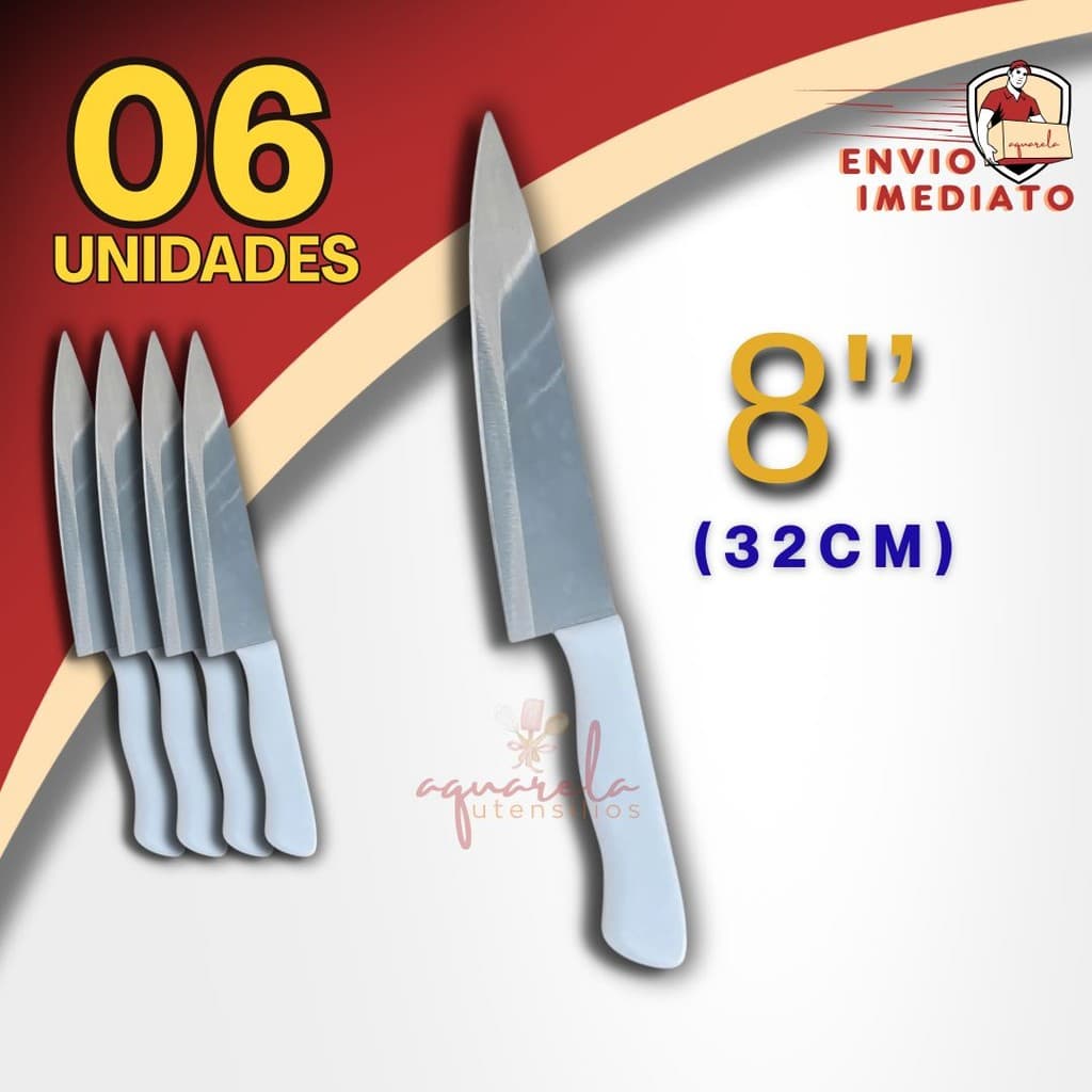 Kit 06 Faca De Cozinha Grande 8 Polegadas Inox Profissional Do Chef Cabo Branco Antibacteriano 30CM