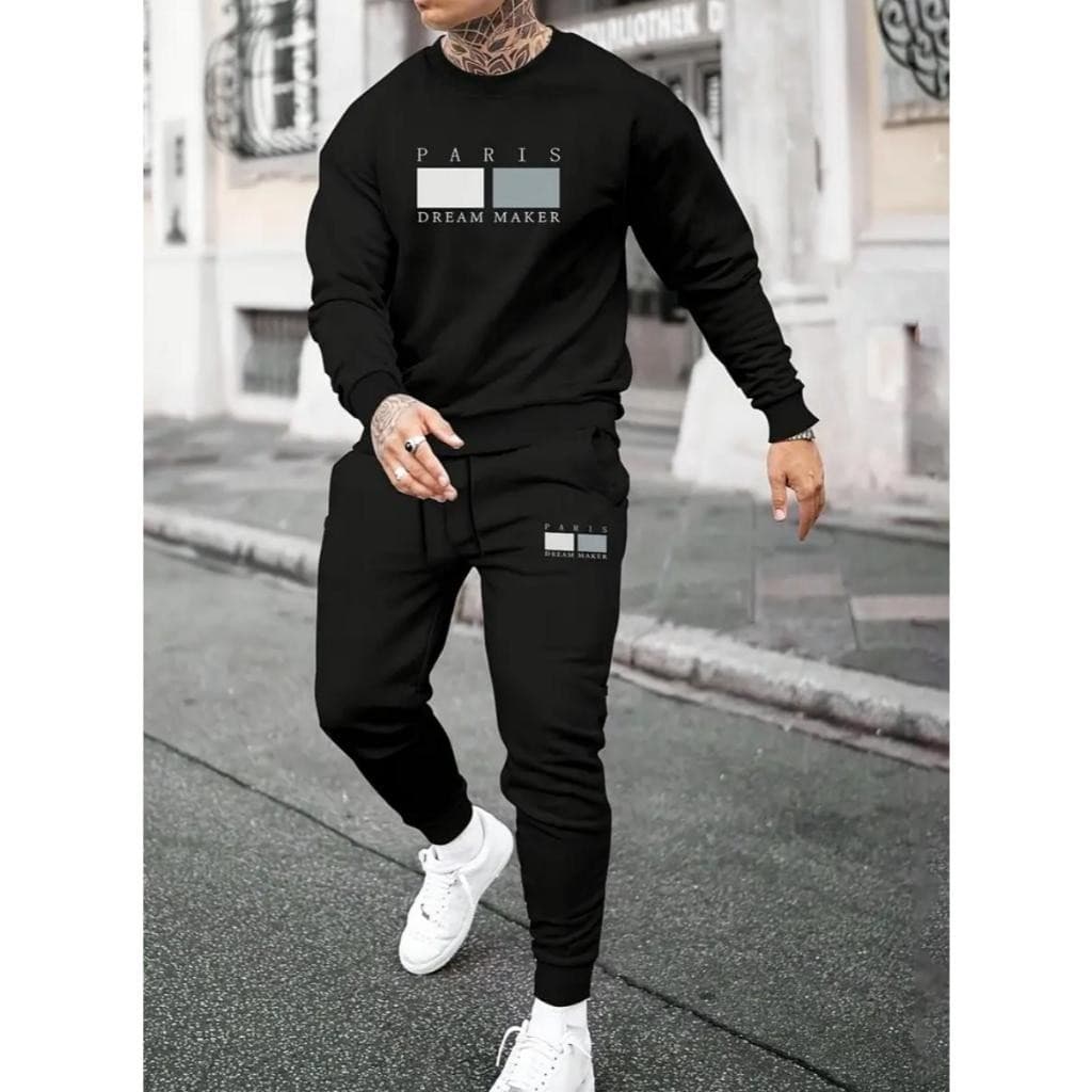 Conjunto Blusa de Frio Preto Gola Careca + Calça de Moletom Modelo: "Paris Preto Cinza" CONJ-1813-PT  nestar