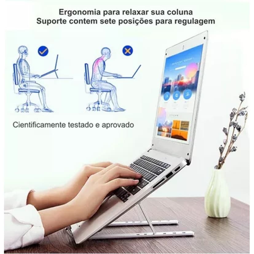 Suporte Ergonômico Alumínio Para Notebook Com Base Dobrável Ajustável Mesa