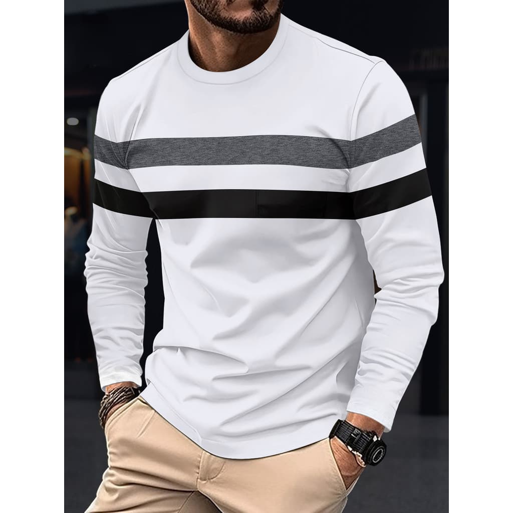 Nova Primavera Outono Listra Masculina Manga Longa Camiseta Fundo Redondo Bloco De Cor Superior Versátil Ajuste Confortá
