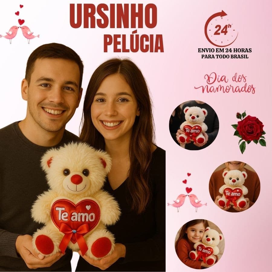 Ursinho de Pelúcia com Coração Te Amo 25cm Dia Dos Namorados