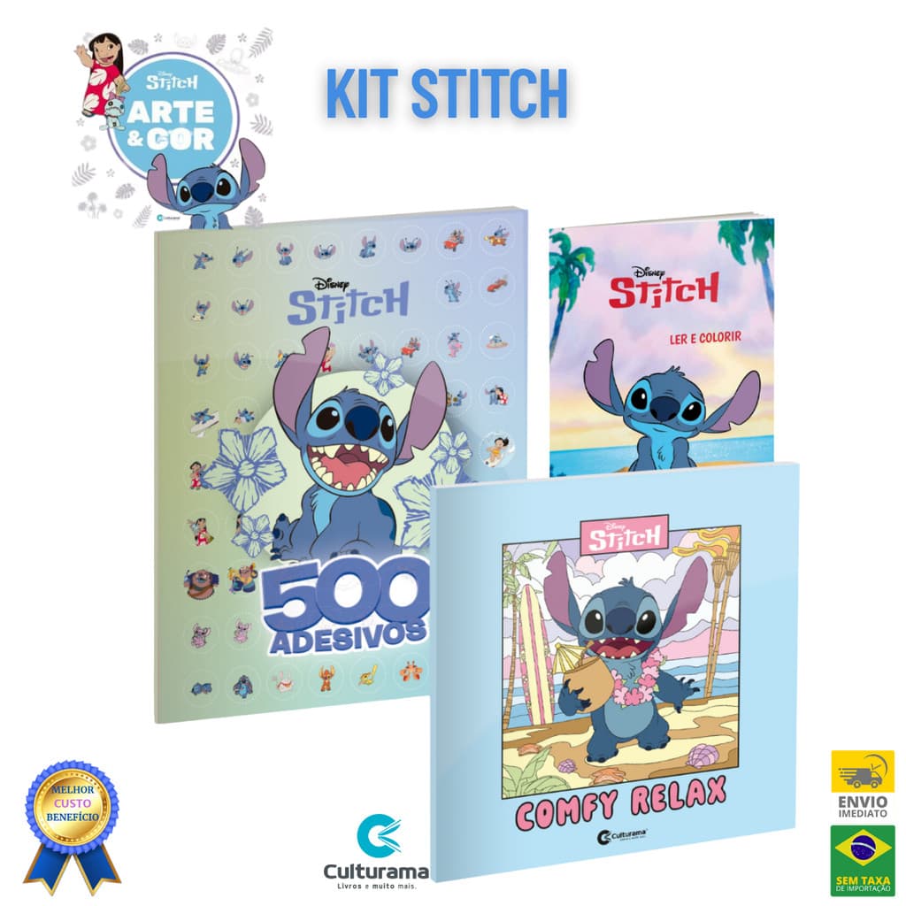 Kit Livro Infantil Reborn 500 Adesivos Lilo Stitch + Colorir Comfy Relax Stitch + Ler Colorir Stitch