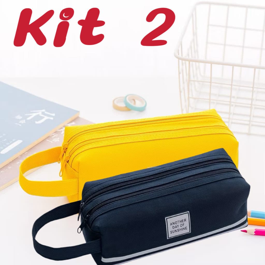 Kit 2 Estojo de lápis portátil de lona de papelaria de camada dupla  ANJGG