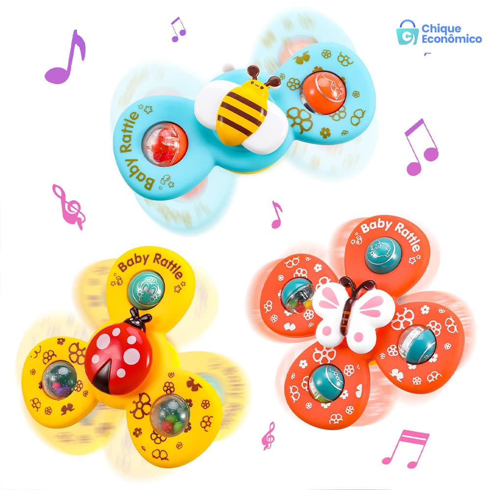 Kit 3 Brinquedo Sensorial para Bebê - Ventosa Adesiva Gira Spinner Atividade Educativa