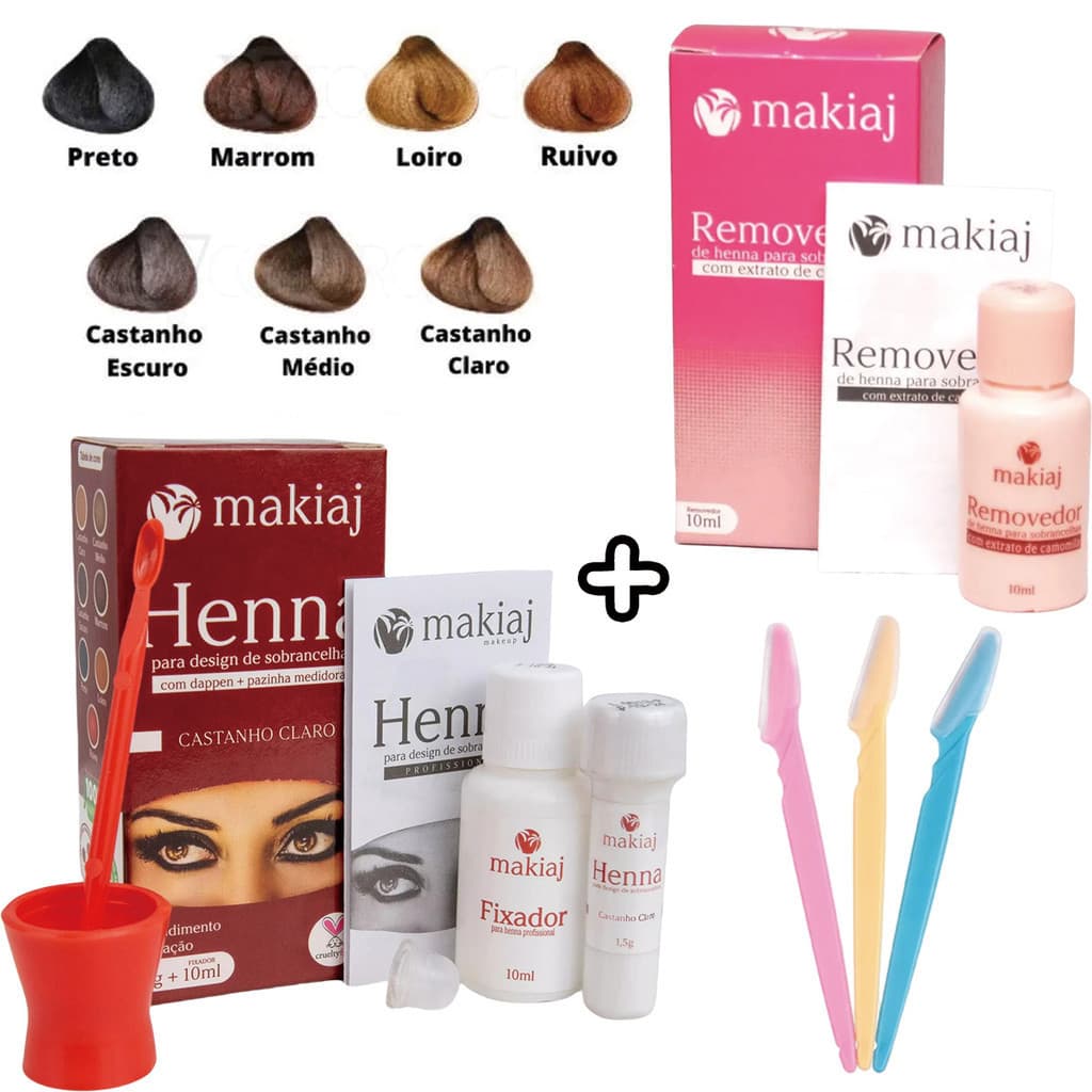 Henna Makiaj 3 em 1 para Sobrancelha | Kit com Henna + Removedor + 3 Lâminas | Fácil de Usar