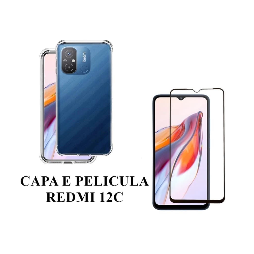 Capa Capinha Case Anti impacto E Pelicula Vidro 3D 9D Compativel Redmi 12c Proteção Tela Celular