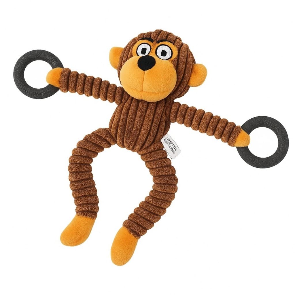 Brinquedo de Cachorro Pet Bichinho de Pelúcia Macaco com Argola Apito Som Divertido Interativo