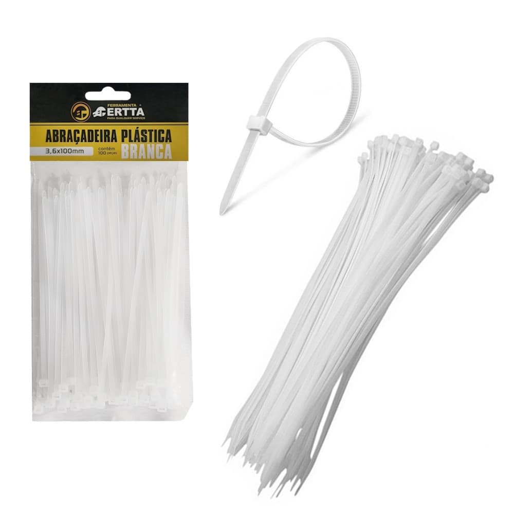 100 Enforca Gato Cinta Plástica Abraçadeira Lacre de Nylon 3.6x100mm Fita Hellerman 10cm Branco