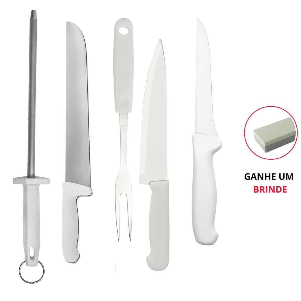 Jogo de Faca e Chaira 5 peças Original Profissional Churrasco Faca de Carne Desossa Aço inox