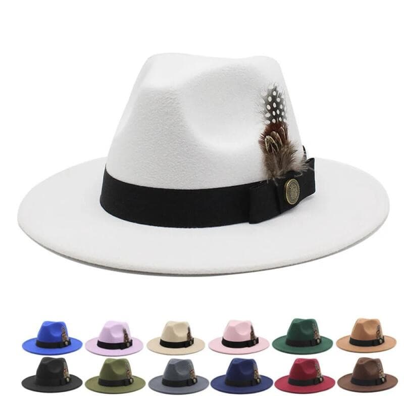 Chapéu De Lã Branca Cavalheiro Clássico Britânico Jazz Pena Superior Aba Larga Festa Igreja Casamento Fedora Chapéus Das