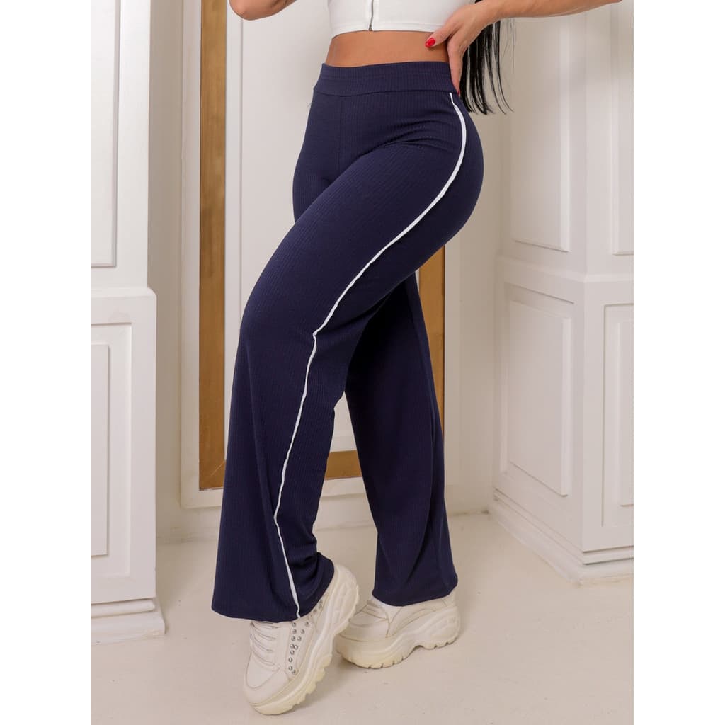 Calça Feminina Canelada Listras Laterais Algodão e Elastano Confortável Casual Estilo flare Reta