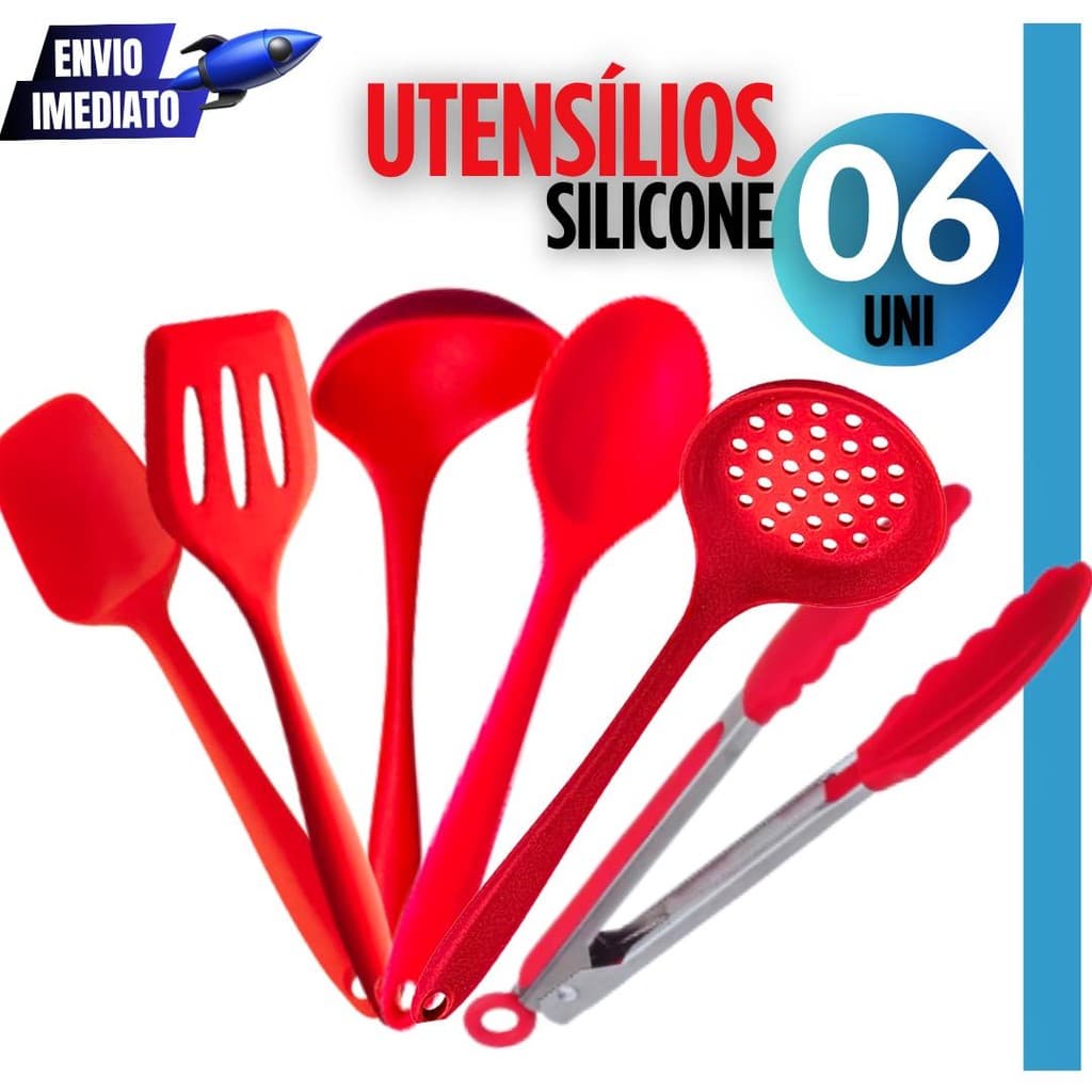 Kit 6 peças silicone: concha, colher arroz, espátulas, escumadeira e pegador. Resistente e ideal p/ cozinha