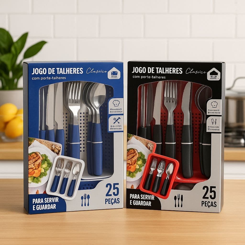 Jogo de Talheres 25 Peças com Porta Talher, Aço Inox e Cabos Duráveis - Promoção