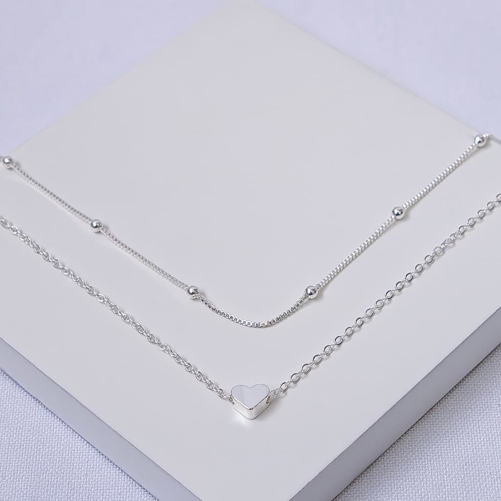 Colar Duplo Feminino Coração Liso Folheado a Prata