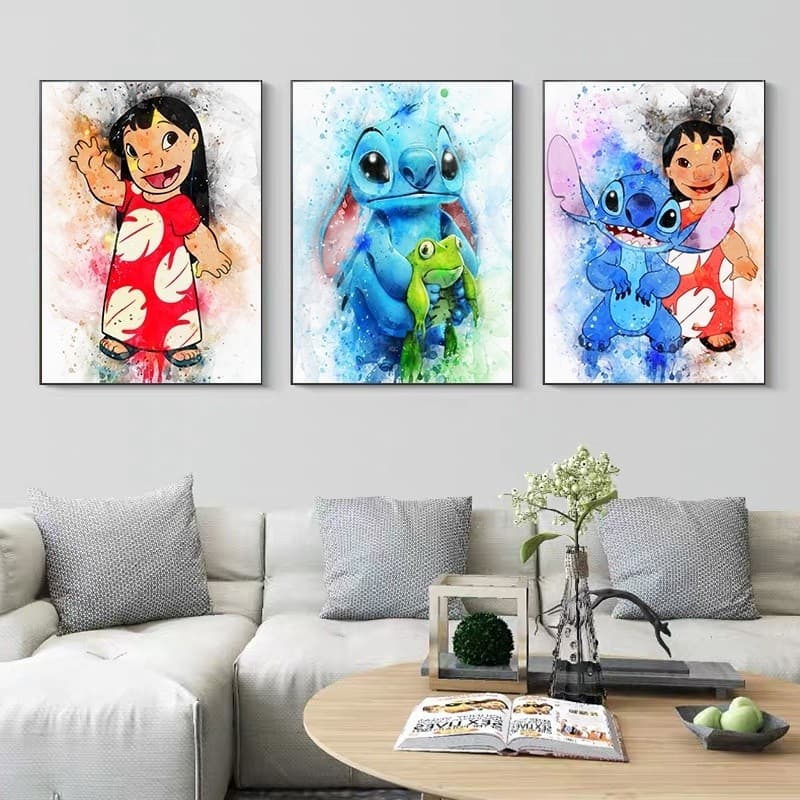 Kit Quadro decorativo 3 peças 40x60 Disney desenhos animados lilo e stitch colorido decoração para quarto infantil