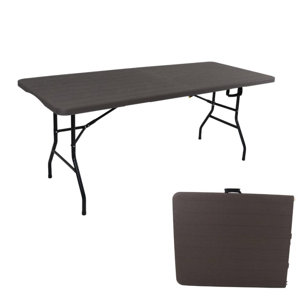 Mesa Dobrável Portátil 1,80x74cm Vira Maleta Para Camping Praia Plástico com Textura de Madeira