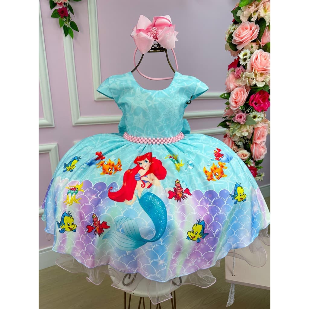 Vestido Azul Ariel Pequena Sereia Infantil Festa Aniversário Menina Princesa Fofo Confortável Juvenil