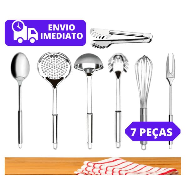 Kit Utensílios de Cozinha 7 Peças Aço Inox Concha Escumadeira Pegador Massa Colher Garfo Fuet e Pegador
