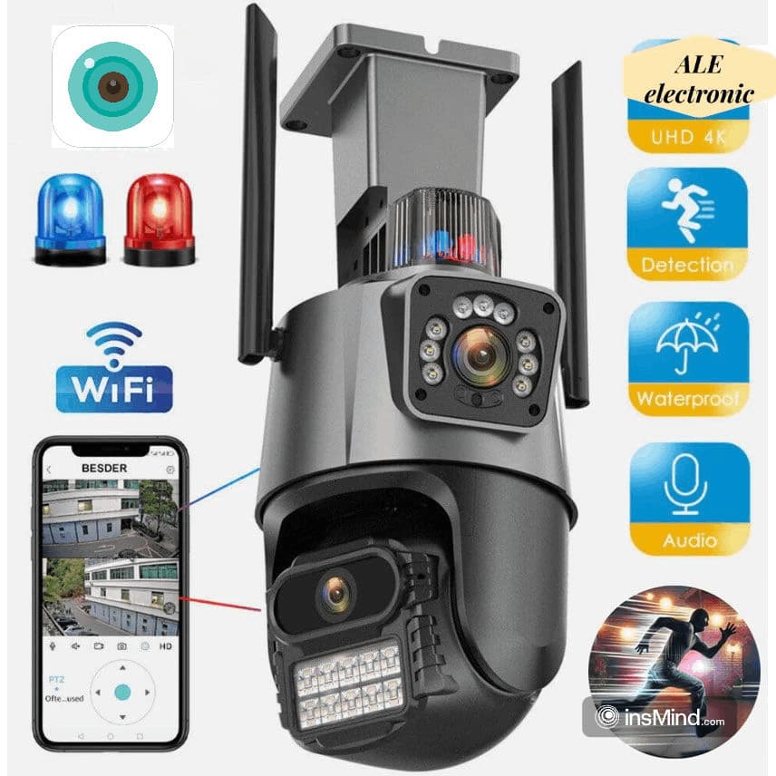 Kit Camera Segurança Externa Lente Dupla Sirene Policial 4K 6MP