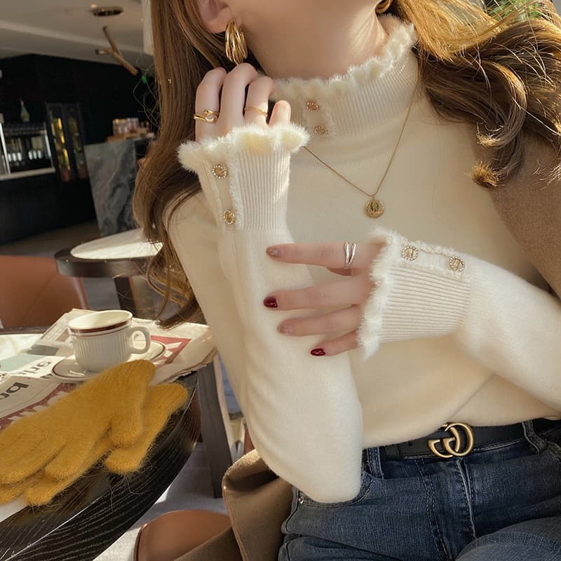Meia gola alta forro de lã engrossado malhas femininas outono inverno novo estilo solto topo