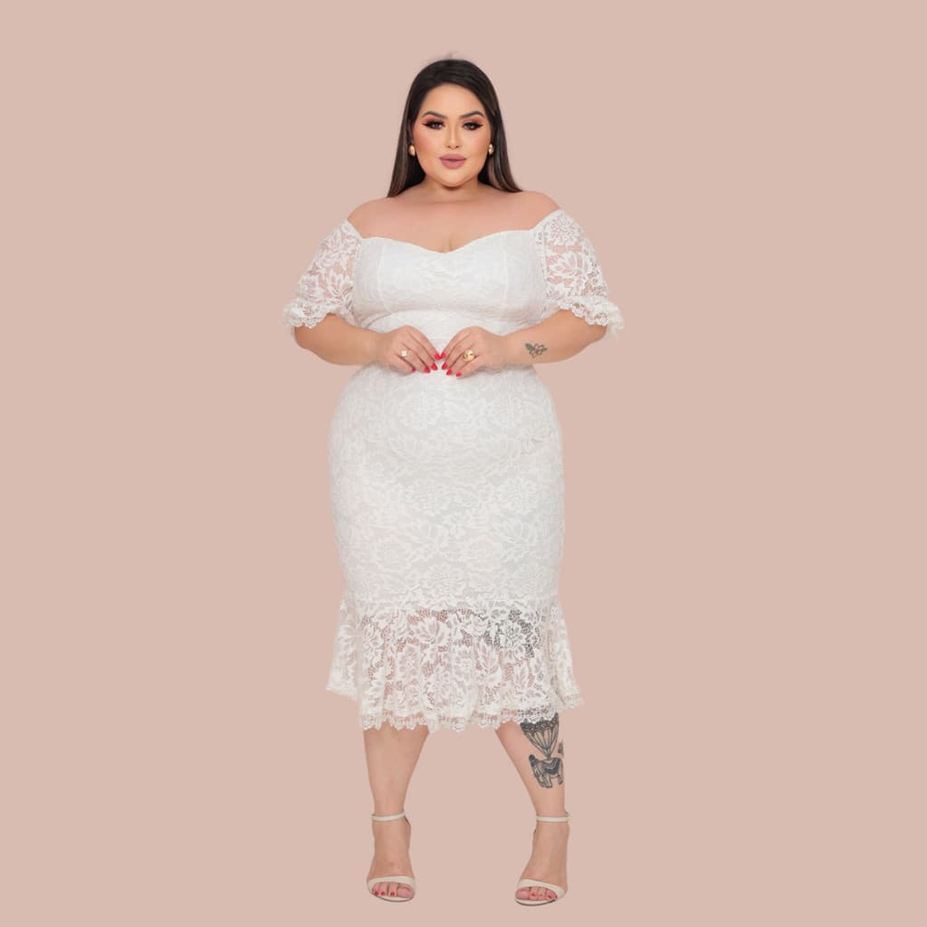 Vestido Branco De Renda Com Manga Curta Plus Size Para Casamento No Civil Para Noiva No Civil