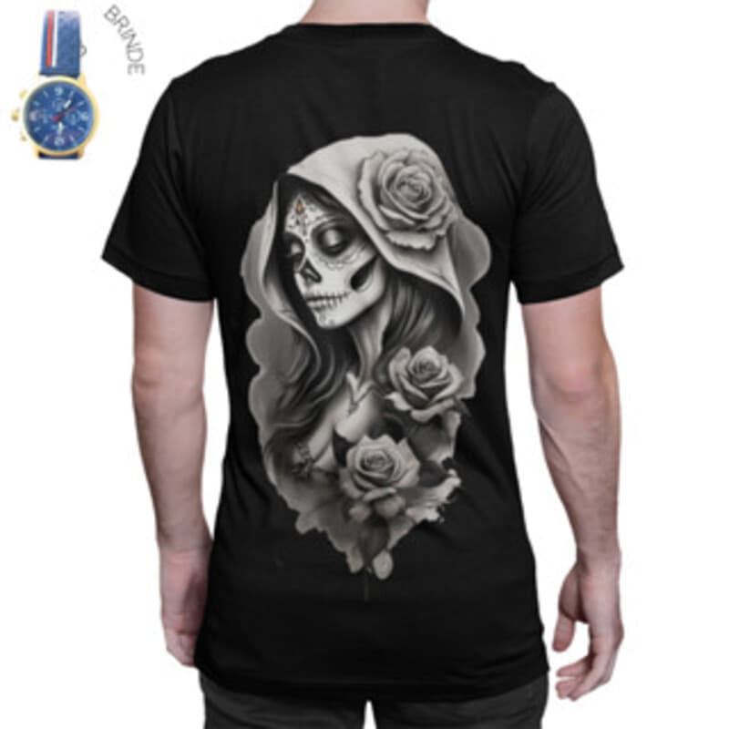 Camiseta estampada caveira mexicana catrina algodão + relógio de brinde