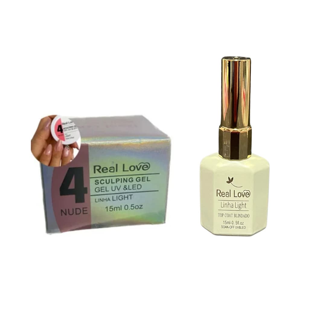 Kit Real Love Gel 4 Nude 15g e Top Coat Blindado Unhas Gel