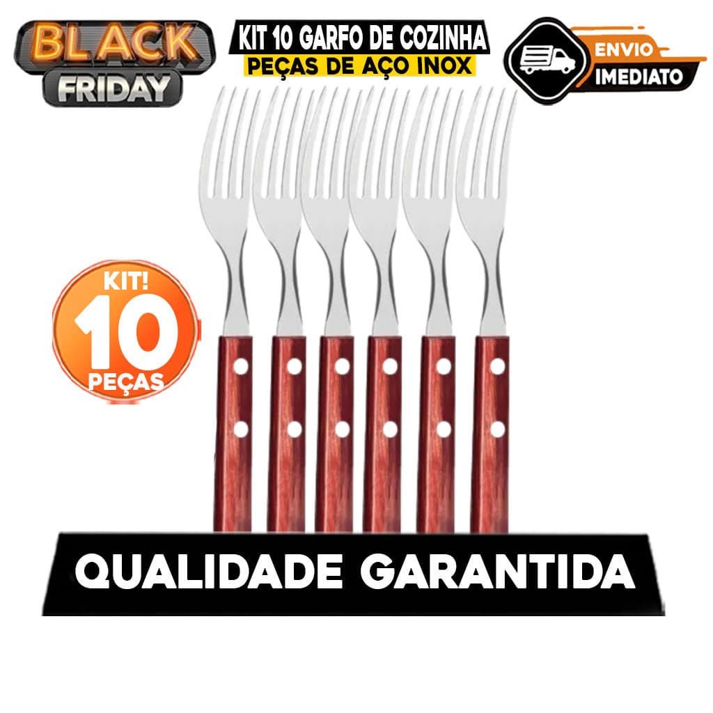 Kit 10 Garfo de Cozinha em Inox com Cabo de Madeira para uso em Cozinha, Restaurante, Hotel , Resorts, Padaria e Buffet.