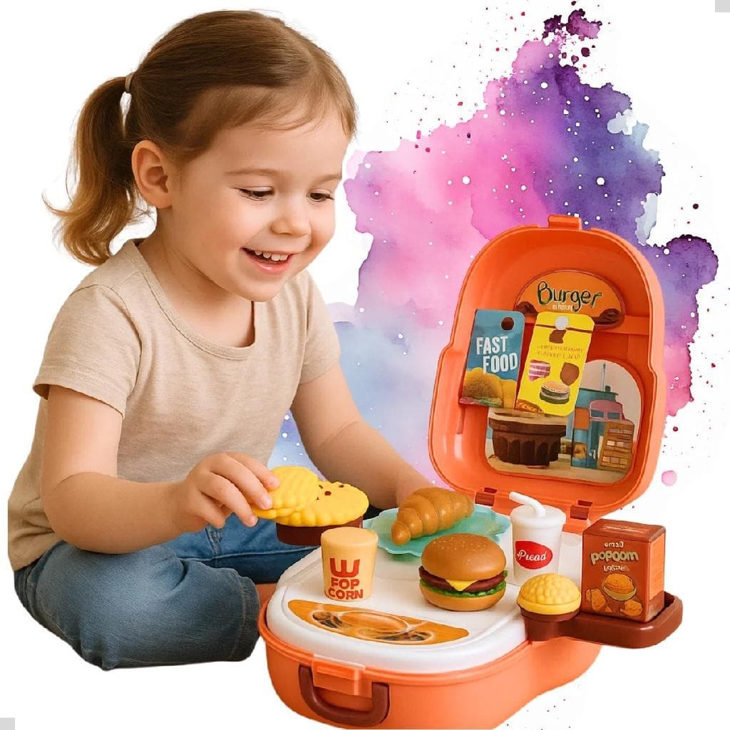 Kit Maletinha Infantil Fast Food 21 Peças Lanche Comidinhas Mochila 3 em 1