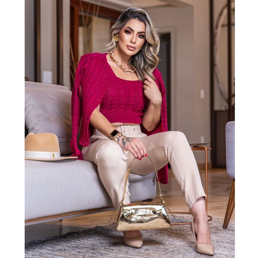 Conjunto Tricot Feminino Casaquinho e Cropped Trança Twin Set Moda Inverno Elegância Charmilly