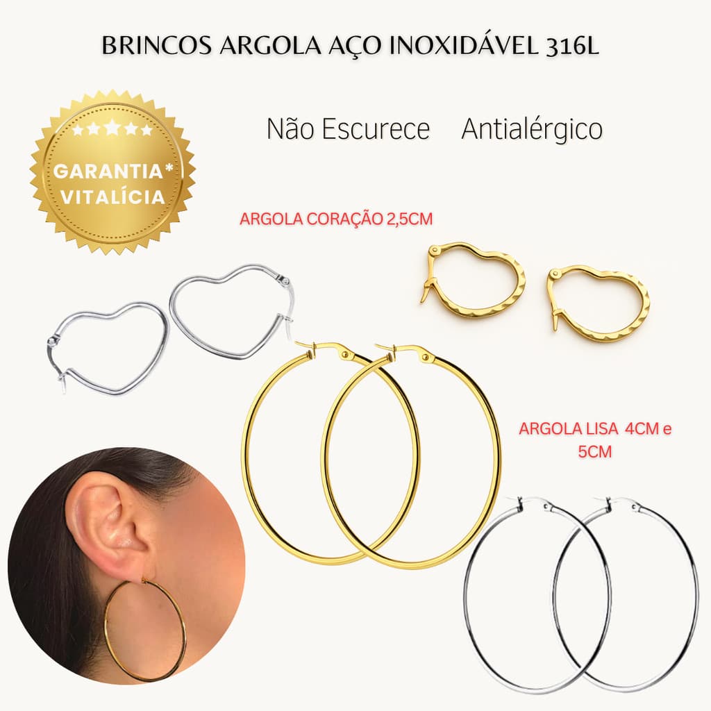 Brinco Feminino Argola de Aço Lisa Coração Inoxidável Antialérgico Dourado Prateado Não Escurece