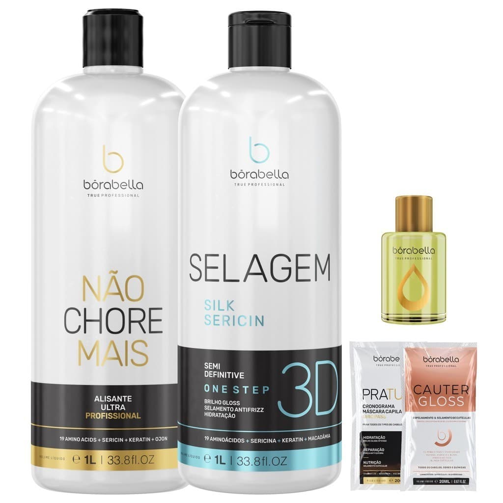 Kit Borabella Passo 2 Ativo Não Chore Mais 1l + Selagem Semi Definitiva 1l + Oleo de Argan e Saches