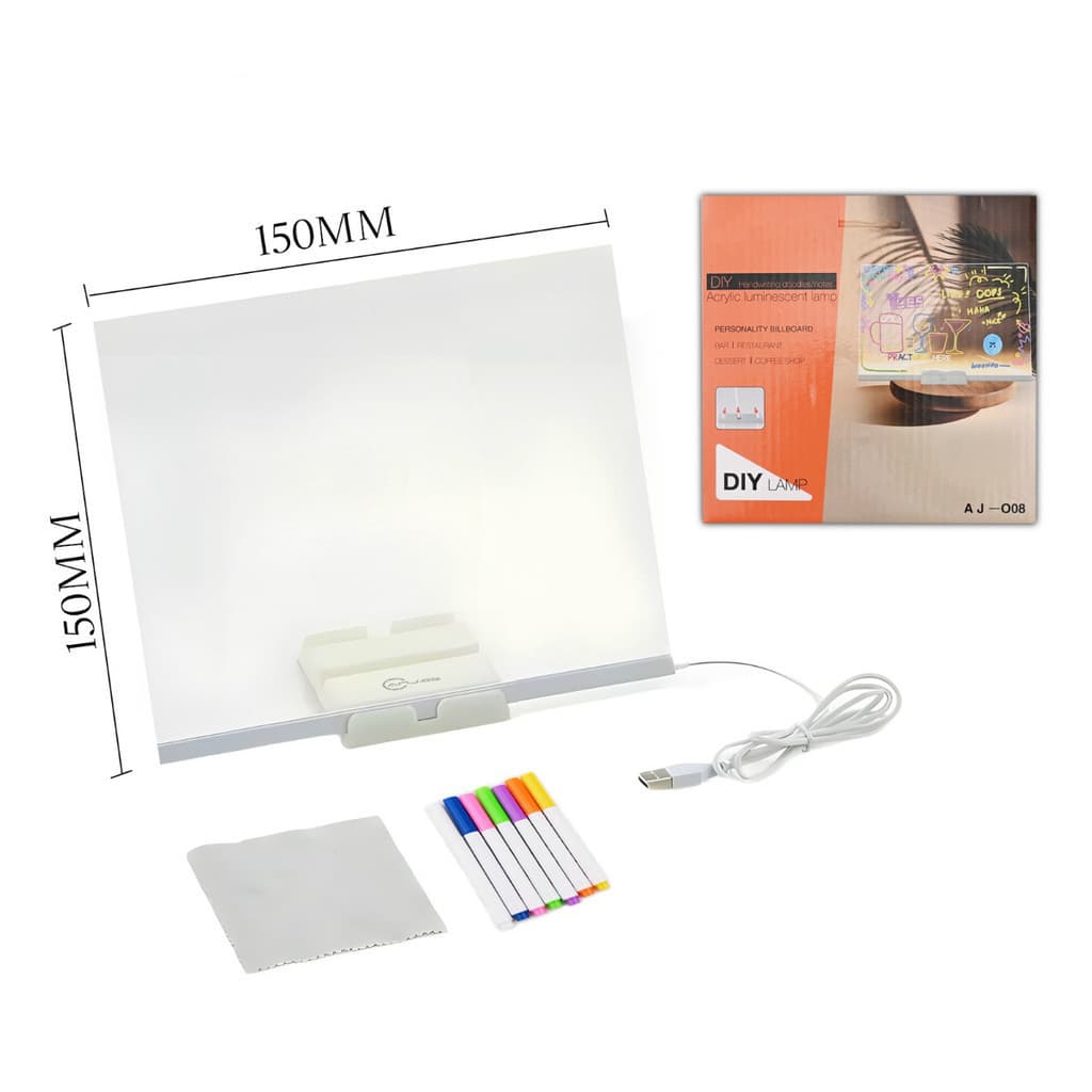 Luminária LED Quadro de Recados 3D 15x15 em Acrílico USB Abajur Decorativo para Escrever com Caneta para Quarto Sala