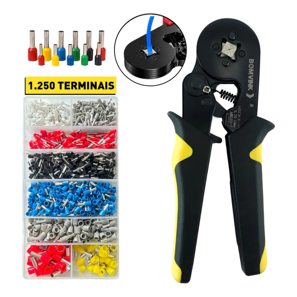 Kit Alicate Crimpar Box Com 1250 Terminal Ilhós 0,25 A 10Mm