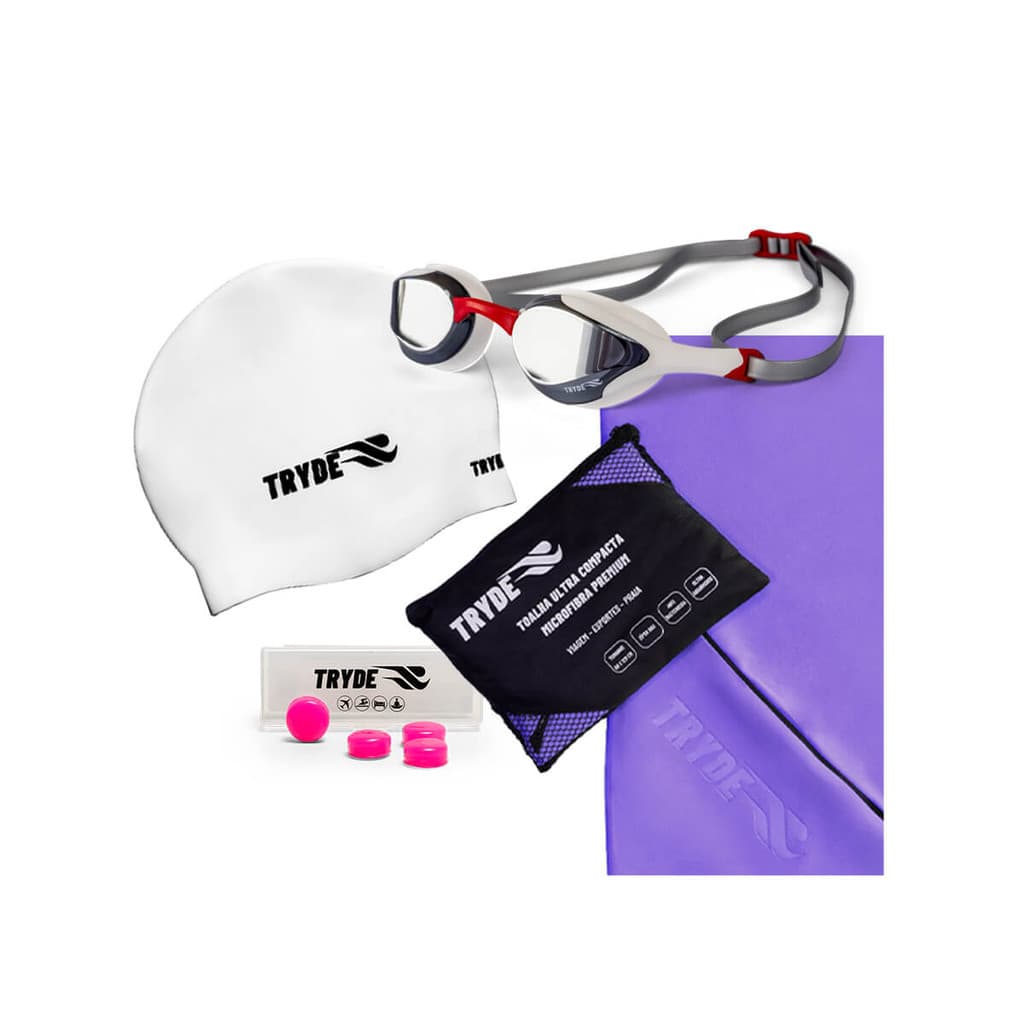 KIT TRYDE Oculos Natação Pro Vision Touca Toalha e plug Rosa