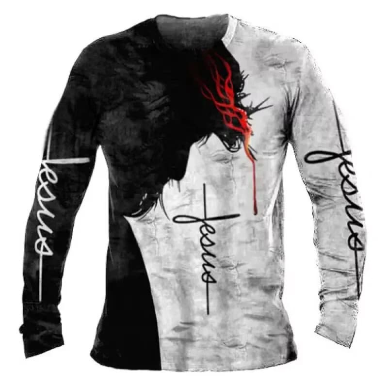 Camisetas Masculinas Vintage Manga Longa Topos Cruz Gráfico 3D Cristãs Impressas Casuais Roupas Soltas De Grandes Dimens