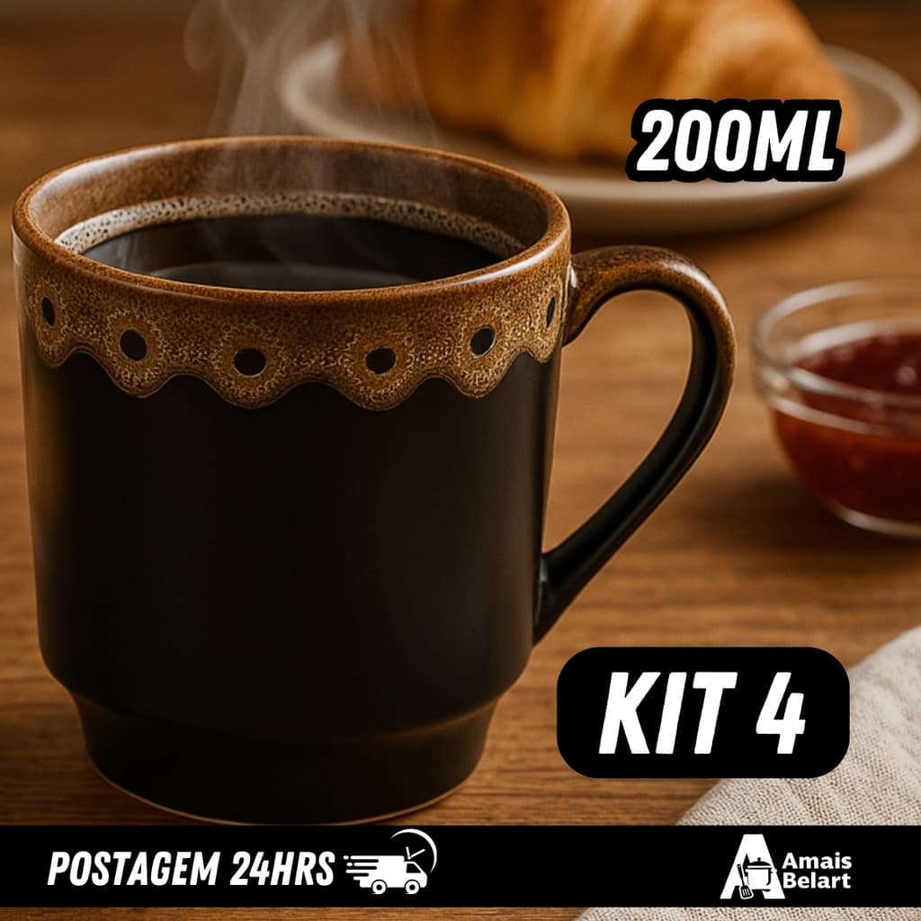 Xícara de Porcelana 200 ml Rústica Artesanal Xícara Café e Chá Elegante Preta com Borda Marrom, Kit ate  Xícaras