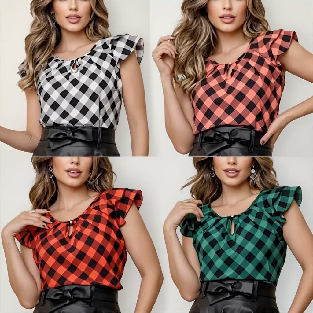 Blusinha Social Feminina Crepe Estampa Xadrez