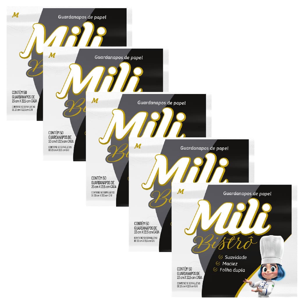 Kit 5 Pacotes Guardanapos de Papel Mesa Mili 250 Unidades 23x22,5cm Folha Dupla