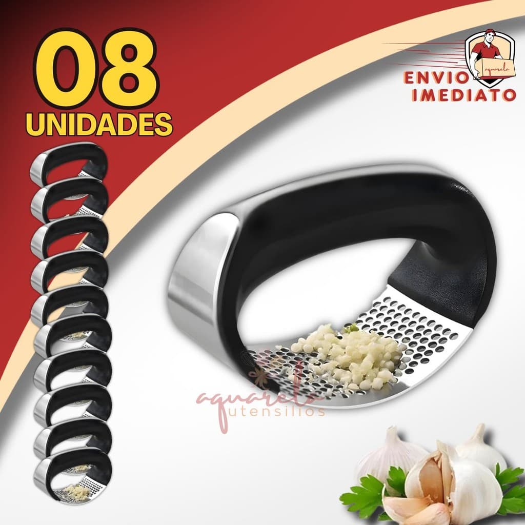 Kit 08 Amassador Triturador Espremedor De Alho Inox Manual Cozinha Moedor
