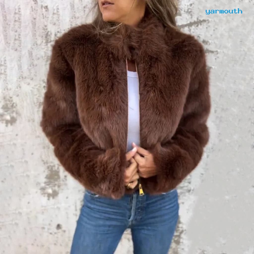 Jaqueta Feminina De Inverno Grossa Pele Sintética Retenção De Calor Gola Alta Cor Sólida Mangas Compridas Estilo