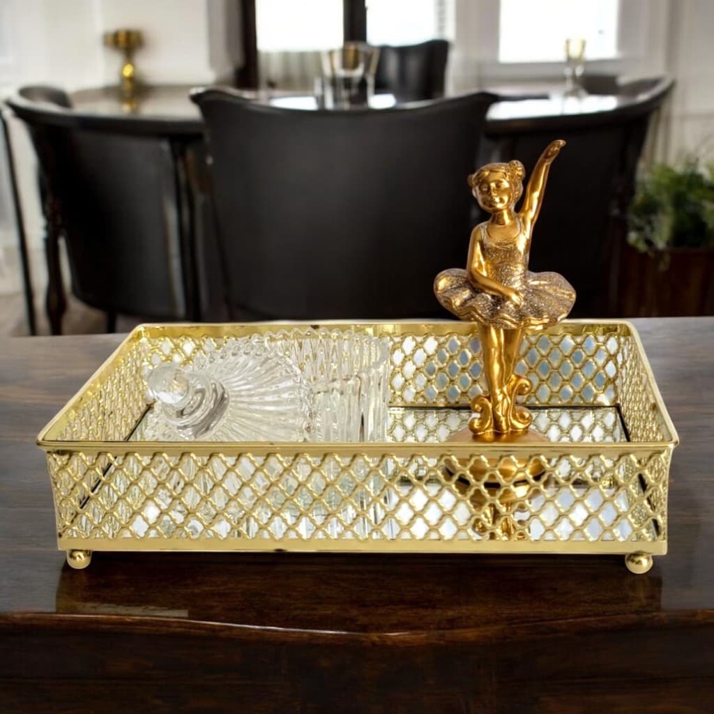 Bandeja Decorativa Dourada Metal Espelho 21x13cm Lavabo/Servir Decoração Sala Quarto Banheiro