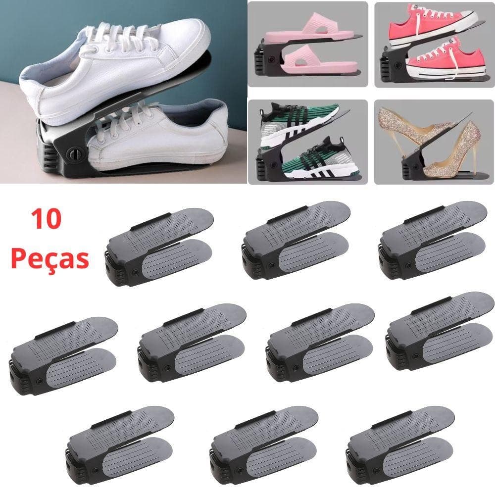 KIT 10 ORGANIZADOR DE SAPATO PORTA TENIS SALTO SAPATEIRA REGULAGEM DE ALTURA RACK ORGANIZADOR DE CALÇADOS 20 PARES ARMAR