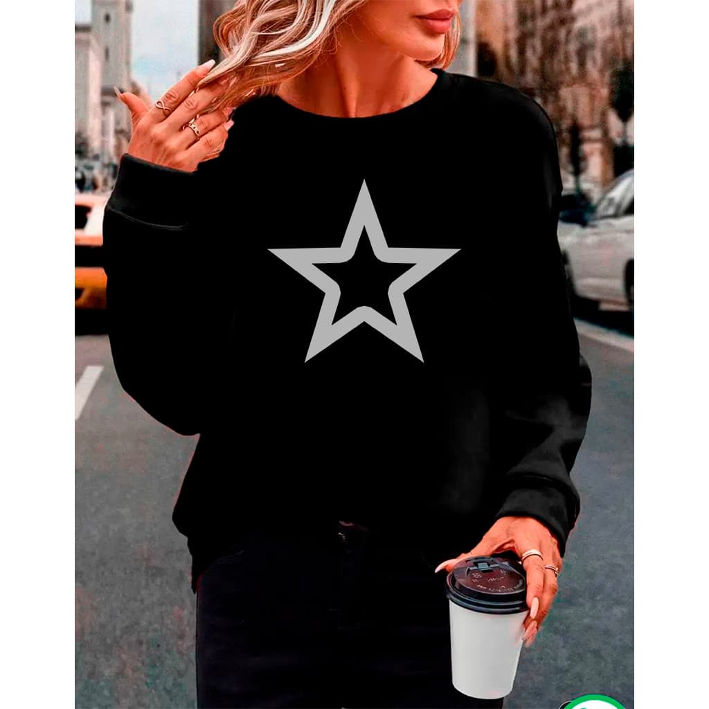 Moletom Feminino Plus Size Gola Careca Preto – "Estrela Branca" MLTCARECAFEM-1628-PT fox street
