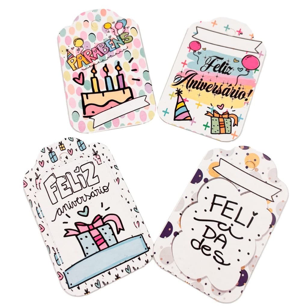 Tags aniversário em papel cartão para presentes e lembrancinhas 7,5x4,5cm