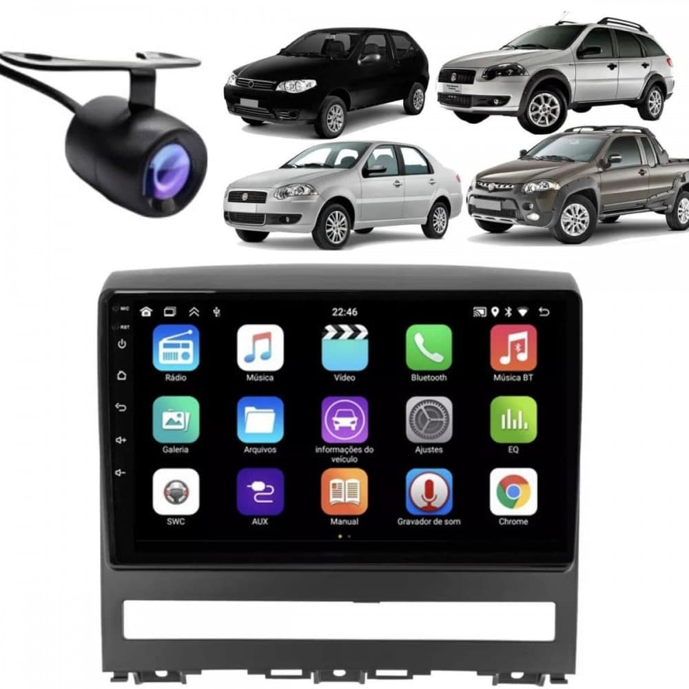 Central Multimídia Android 2 Din Fiat Siena Moldura 9" Câmera Ré PT Fosco