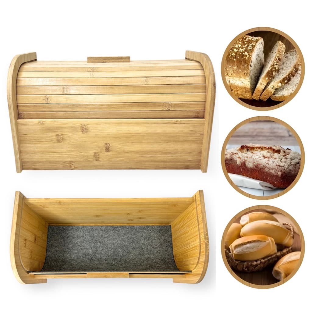 Porta Pão Bambu e MDF Clink / Madeira Natural / Cozinha / Organizador de Pães / Tampa Deslizante