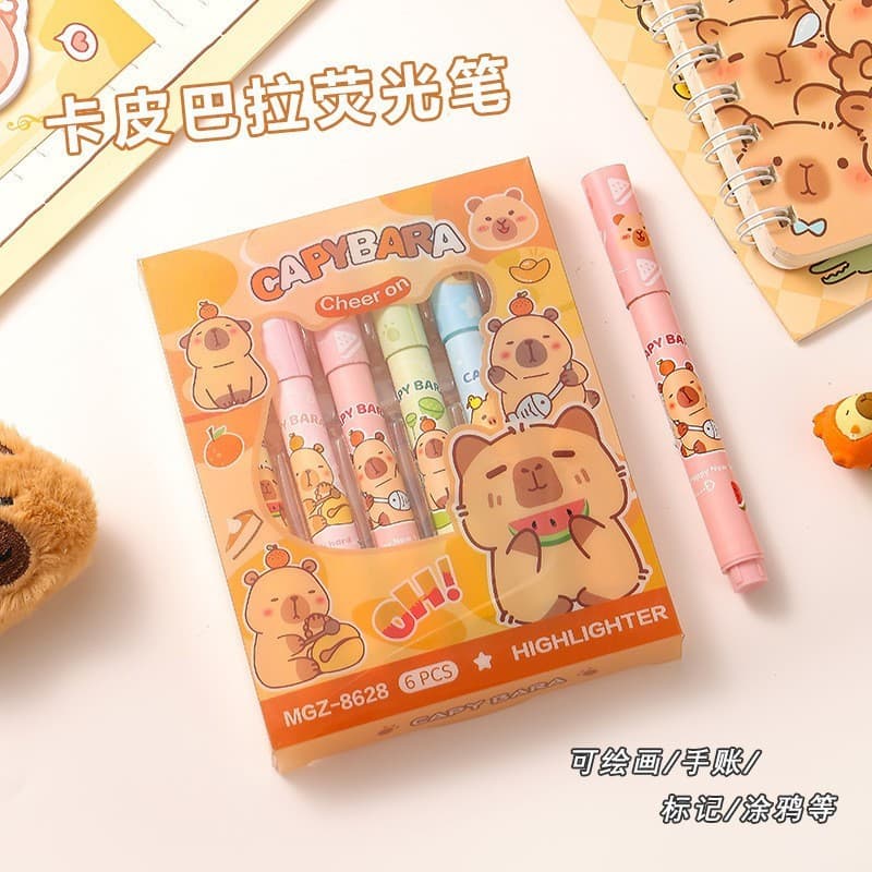 KIT 6 Canetas Marca Texto Fluorescentes Capivara Fofa Kawaii PRONTA ENTREGA NO BRASIL Capybara