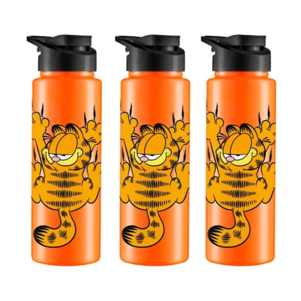 Kit 3 Garrafa Plástica Squeeze Sport Garfield Laranja Com Tampa E Alça Preta 750ml BPA Free
